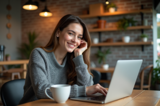 Femme souriante travaillant au café avec son ordinateur portable