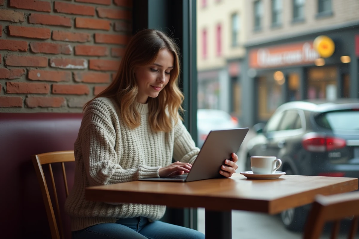 Jeune femme dans un café utilisant une tablette pour rechercher un installateur