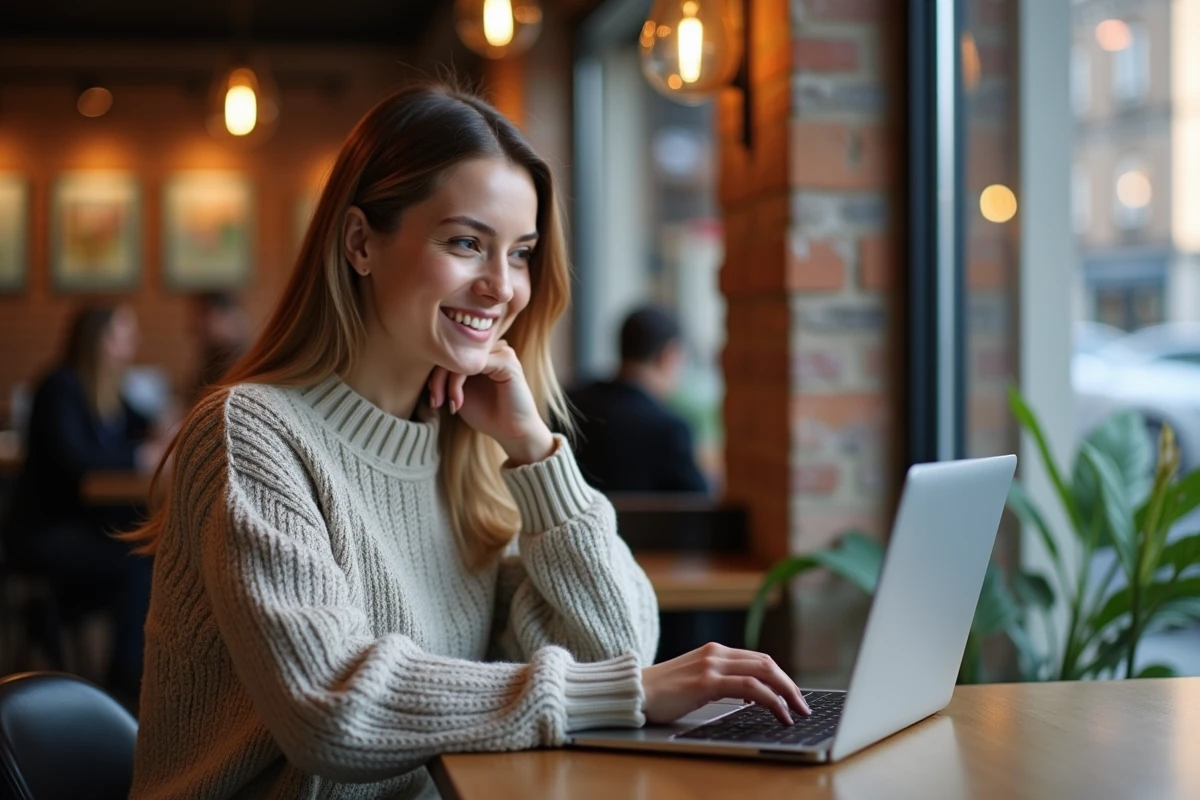 Jeune femme souriante utilisant son laptop dans un café urbain