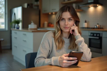 Femme en intérieur compare ses téléphones dans la cuisine