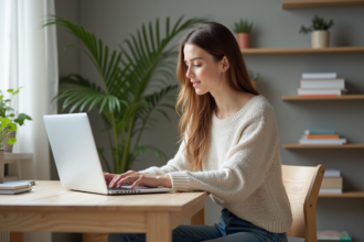 Jeune femme construisant un site web dans un bureau lumineux