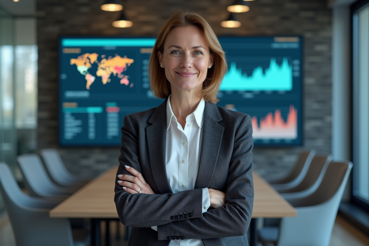 Femme confiante dans une salle de conférence technologique
