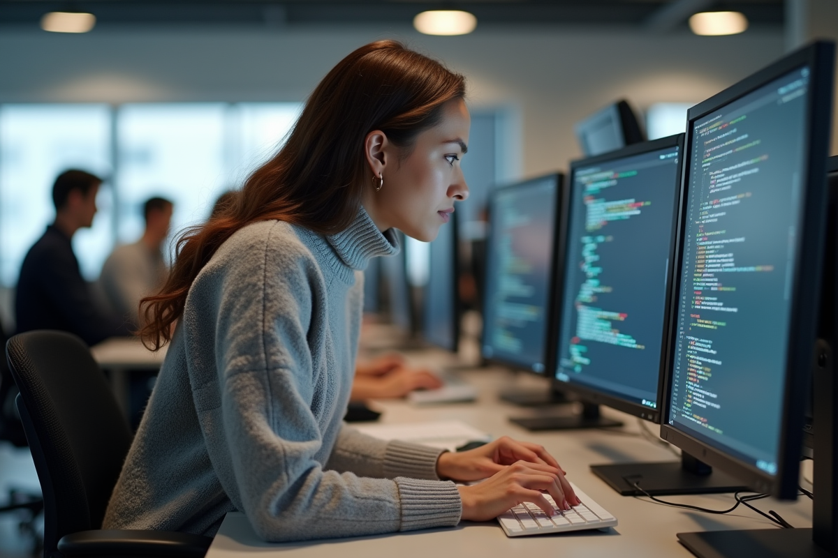 Femme en coworking examinant du code sur son ordinateur portable