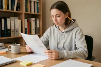 Jeune femme débutante lisant une documentation technique annotée dans un bureau à domicile