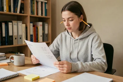 Jeune femme débutante lisant une documentation technique annotée dans un bureau à domicile