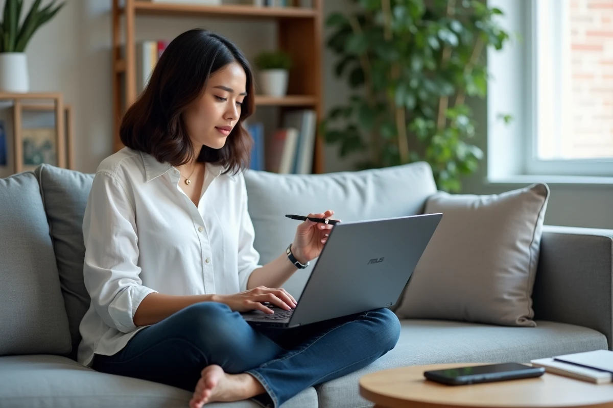 Femme dépannant l'application Armory Crate sur un laptop ASUS posé sur ses genoux dans un salon