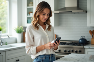 Femme désinfectant un smartphone dans la cuisine moderne