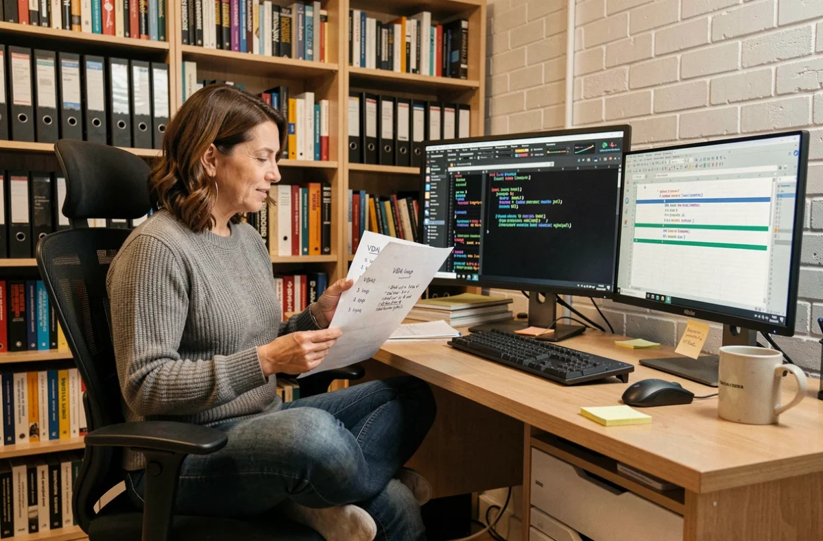 Femme développeuse consultant une référence papier de syntaxe VBA Loop For devant un double écran Excel dans un bureau à domicile