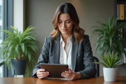 Femme en blazer examinant un document numérique en bureau moderne
