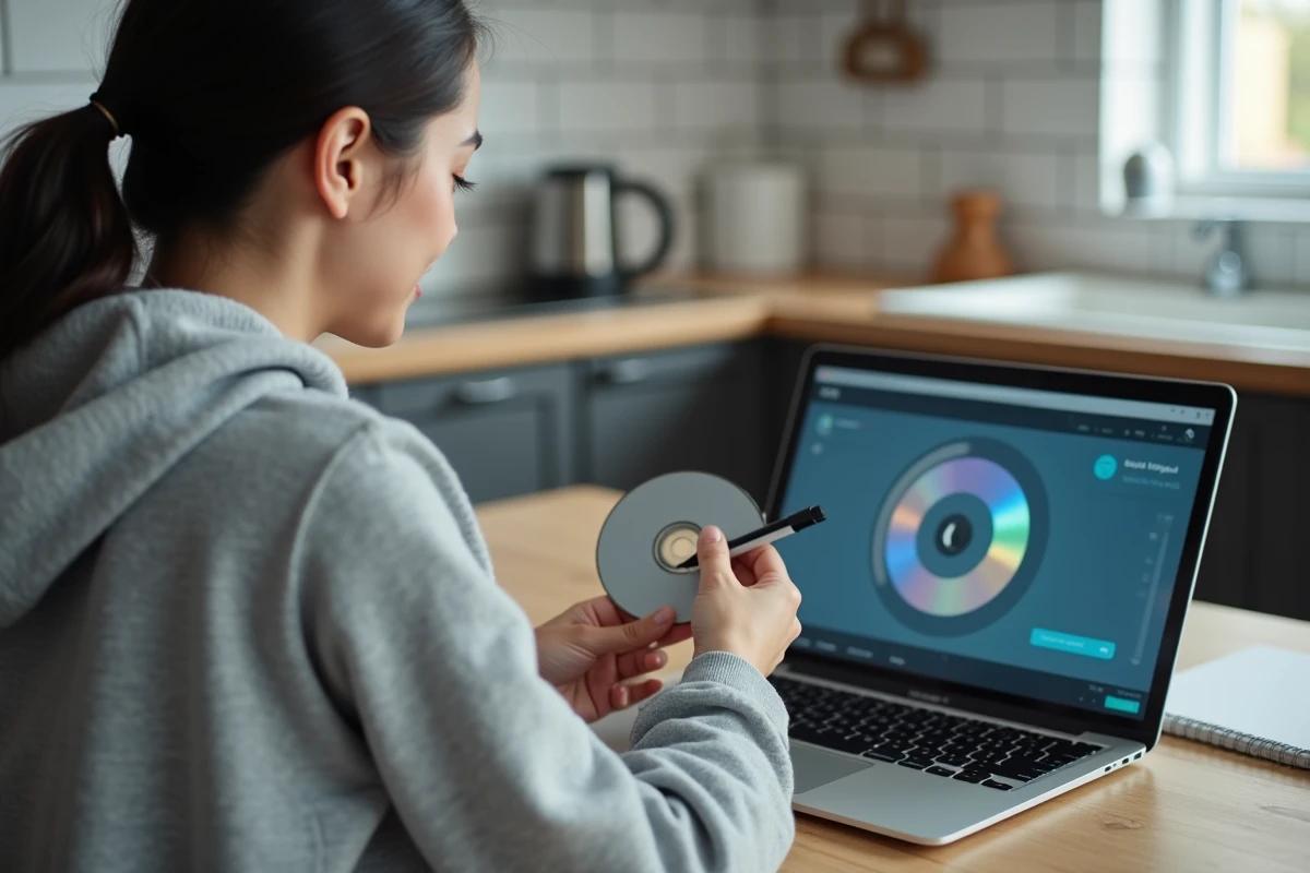 Femme étiquetant un DVD d'installation Windows 7 gravé à la maison, avec un ordinateur portable affichant le logiciel de gravure terminé sur la table