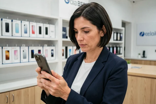 Femme examinant un iPhone 14 reconditionné dans une boutique de téléphones reconditionnés premium