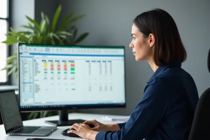 Femme travaillant sur Excel avec plusieurs feuilles de calcul ouvertes pour supprimer des doublons