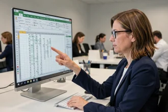 Femme travaillant sur un grand tableau Excel sur écran large dans un bureau moderne, illustrant l'utilisation des volets figés et fractionnés