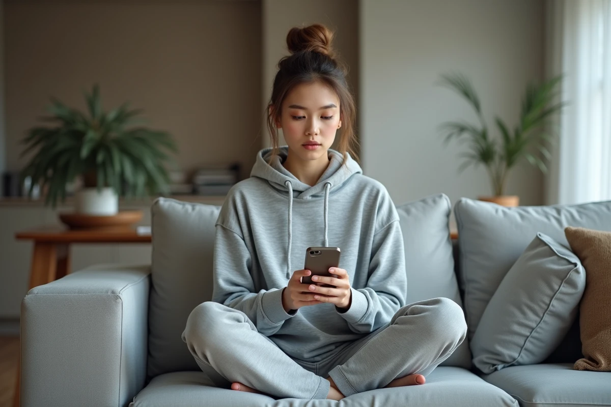 Femme adulte explorant des applications de chatbot IA sur smartphone depuis son salon