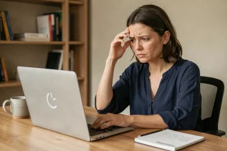 Femme frustrée devant un message d'erreur sur son ordinateur portable, illustrant une panne de webmail