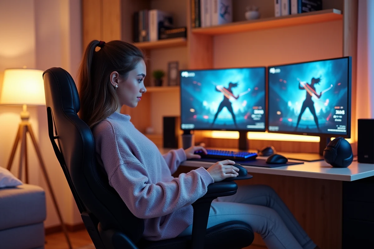 Jeune femme gamer en fauteuil ergonomique dans son salon cosy