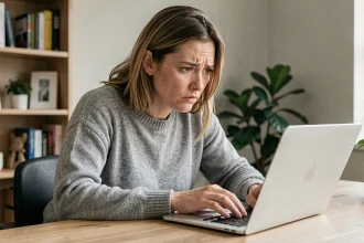Femme inquiète devant son ordinateur portable découvrant un site inconnu dans son historique de navigation