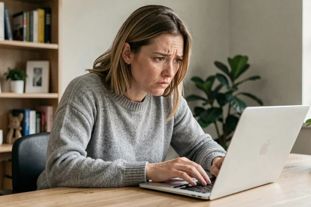 Femme inquiète devant son ordinateur portable découvrant un site inconnu dans son historique de navigation