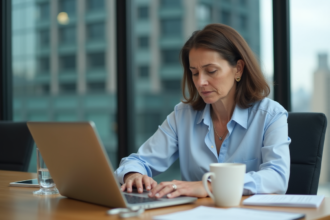 Femme d'âge moyen vérifiant un email suspect sur son ordinateur