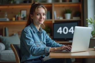 Jeune femme face à un message d'erreur 404 sur son ordinateur