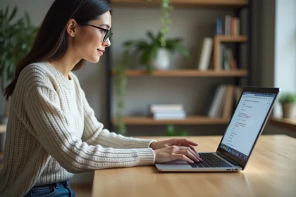 Jeune femme tapant du code HTML sur son ordinateur dans un bureau lumineux
