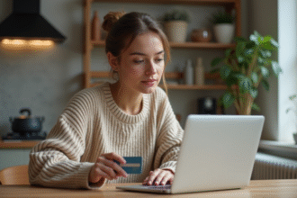 Jeune femme vérifiant ses détails de carte bancaire
