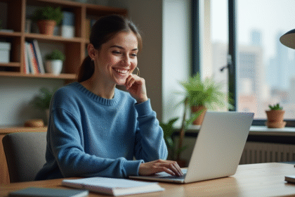 Femme souriante travaillant sur son ordinateur pour vendre
