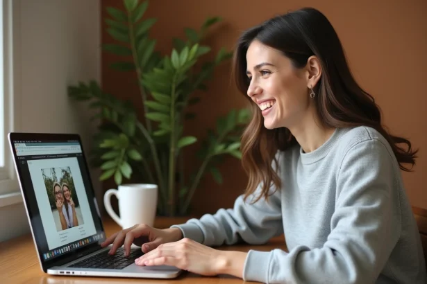 Jeune femme partageant des images en ligne depuis son bureau à domicile via une plateforme de partage d'images