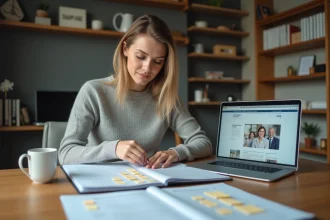 Femme organisant son dossier de documents avant de contacter le service client Bouygues pour un code erreur F3411