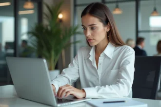 Femme professionnelle rédigeant un email avec attention aux champs destinataire, Cc et Cci sur un ordinateur portable en open space