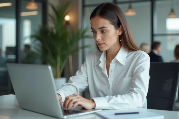 Femme professionnelle rédigeant un email avec attention aux champs destinataire, Cc et Cci sur un ordinateur portable en open space