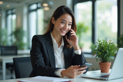 Jeune femme professionnelle parlant au smartphone dans un bureau lumineux
