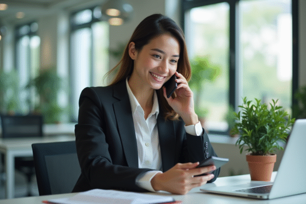 Jeune femme professionnelle parlant au smartphone dans un bureau lumineux