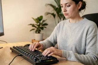 Femme cherchant le signe arobase ou caractère spécial sur un clavier mécanique dans un bureau à domicile