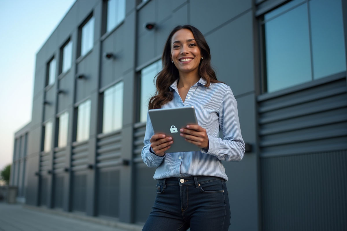Femme avec tablette affichant un cadenas numérique devant un bâtiment sécurisé