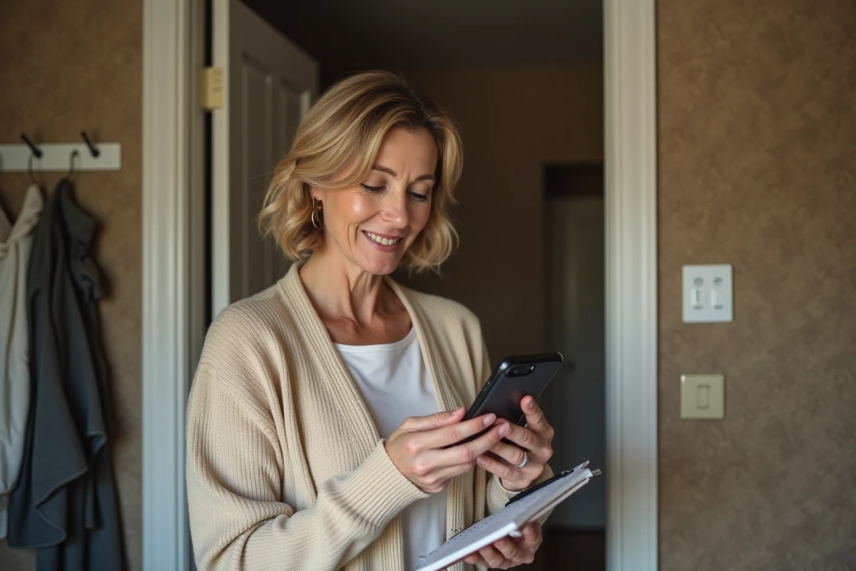 Femme âgée préparant son compte sur un nouveau téléphone à la maison