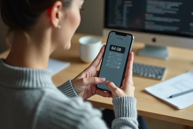 Femme consultant les paramètres de stockage 64 Go sur un smartphone Android posé dans ses mains