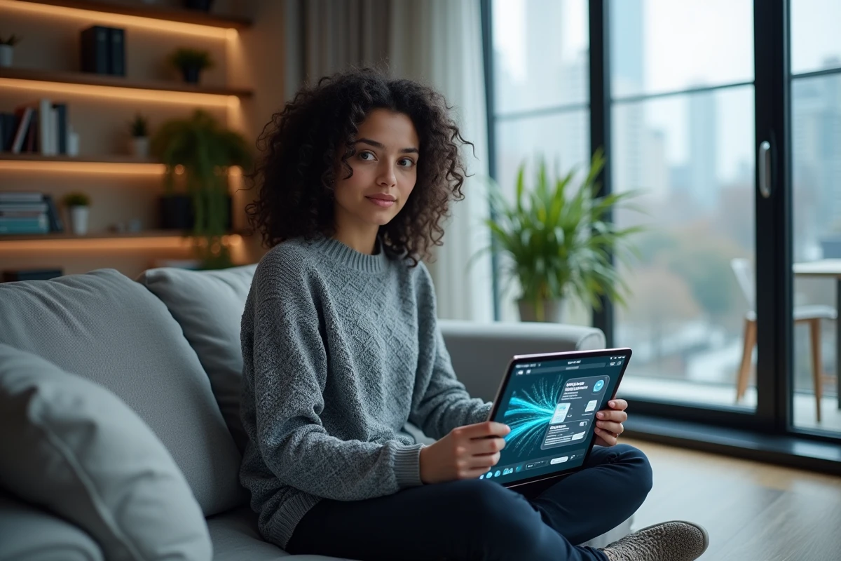 Femme assise sur un canapé consultant une tablette illustrant les concepts d'internet et du web dans un appartement moderne