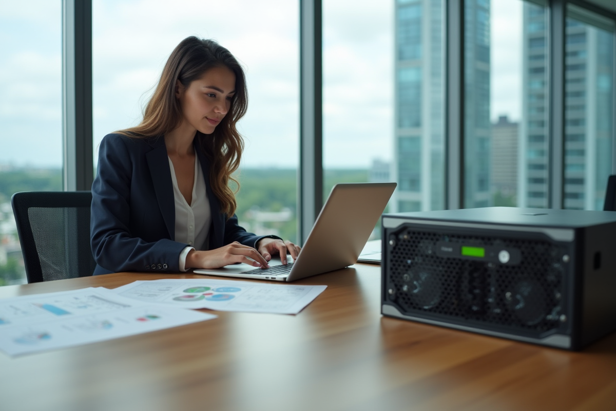 Jeune femme travaillant sur un ordinateur dans un bureau moderne