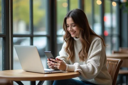 Femme moderne tenant un smartphone dans un café urbain