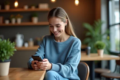 Jeune femme souriante utilisant son Android dans un café cosy