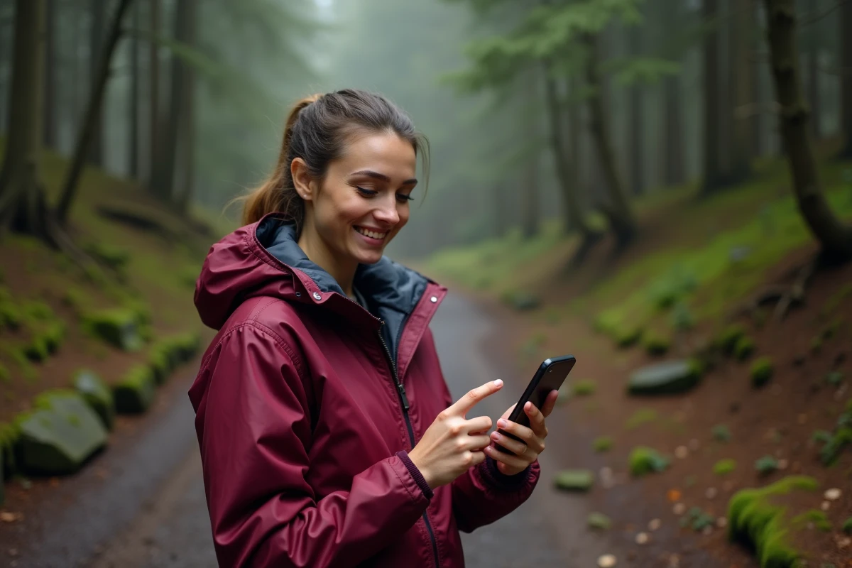Femme souriante pointant une erreur GPX en forêt