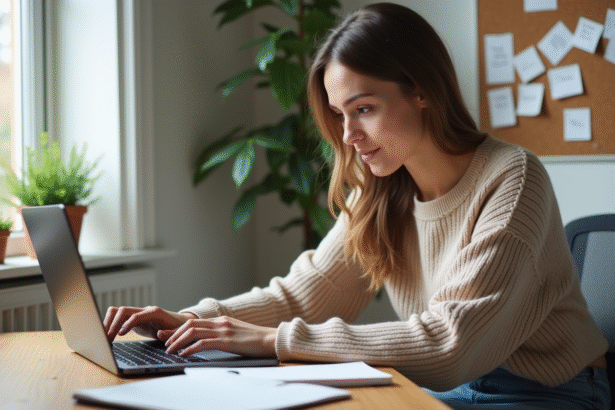 Jeune femme travaillant sur un ordinateur dans un bureau lumineux