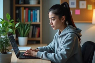 Jeune femme concentrée devant son ordinateur en home office