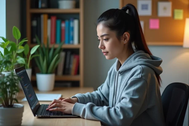 Jeune femme concentrée devant son ordinateur en home office