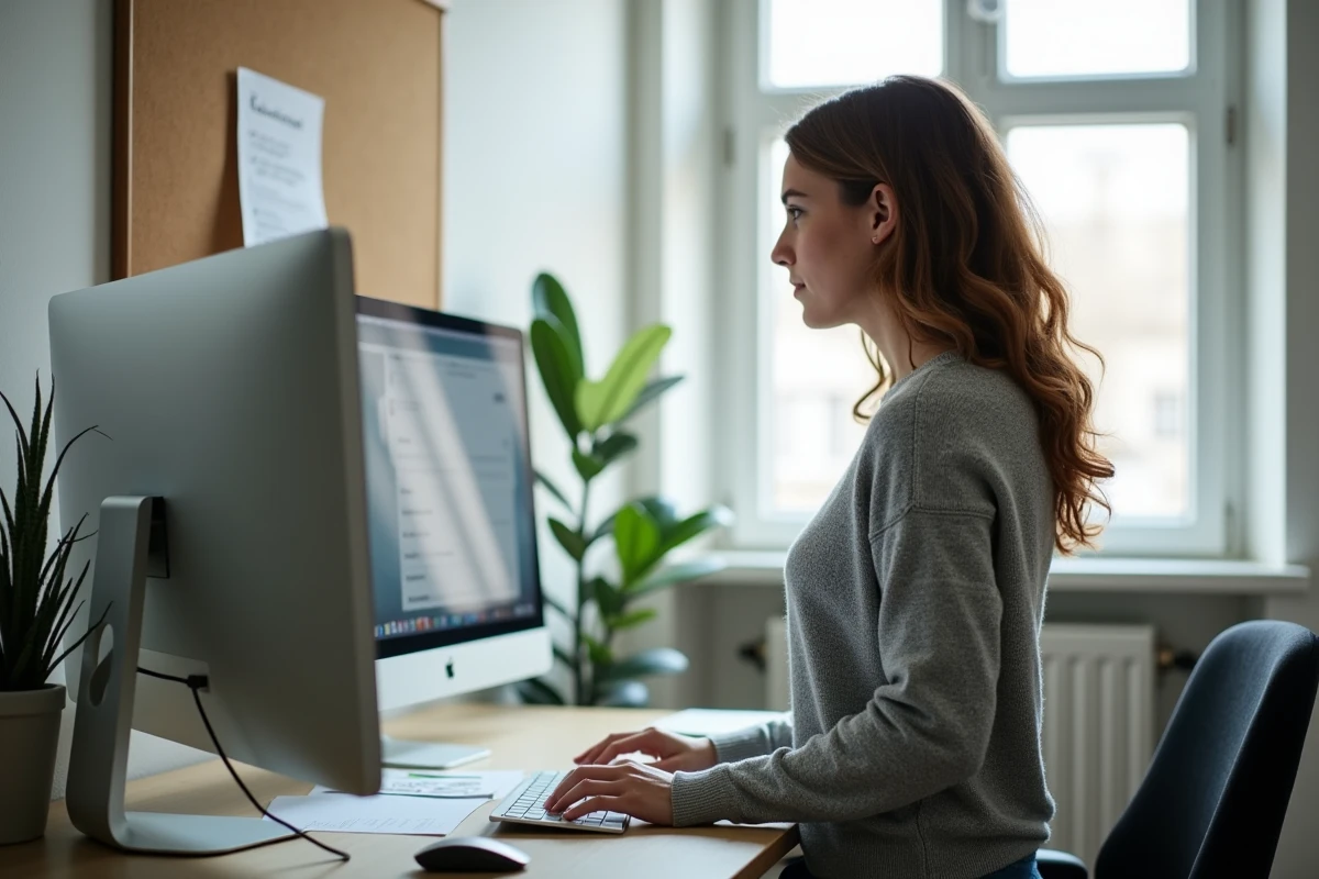 Femme en pull gris regardant son écran dans un espace de travail lumineux
