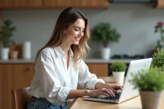 Jeune femme travaillant sur son ordinateur dans la cuisine