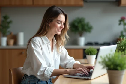 Jeune femme travaillant sur son ordinateur dans la cuisine