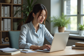 Jeune femme travaillant sur un ordinateur dans un bureau moderne
