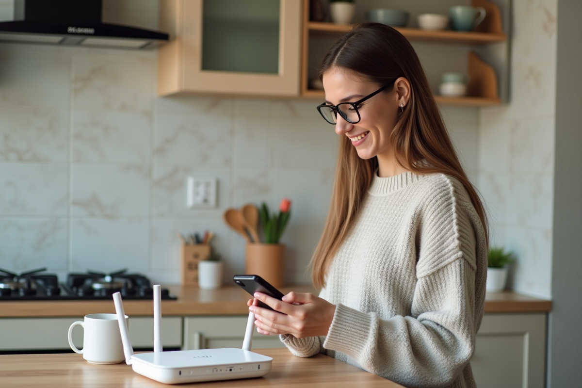 Femme vérifiant les réglages du routeur WiFi dans la cuisine